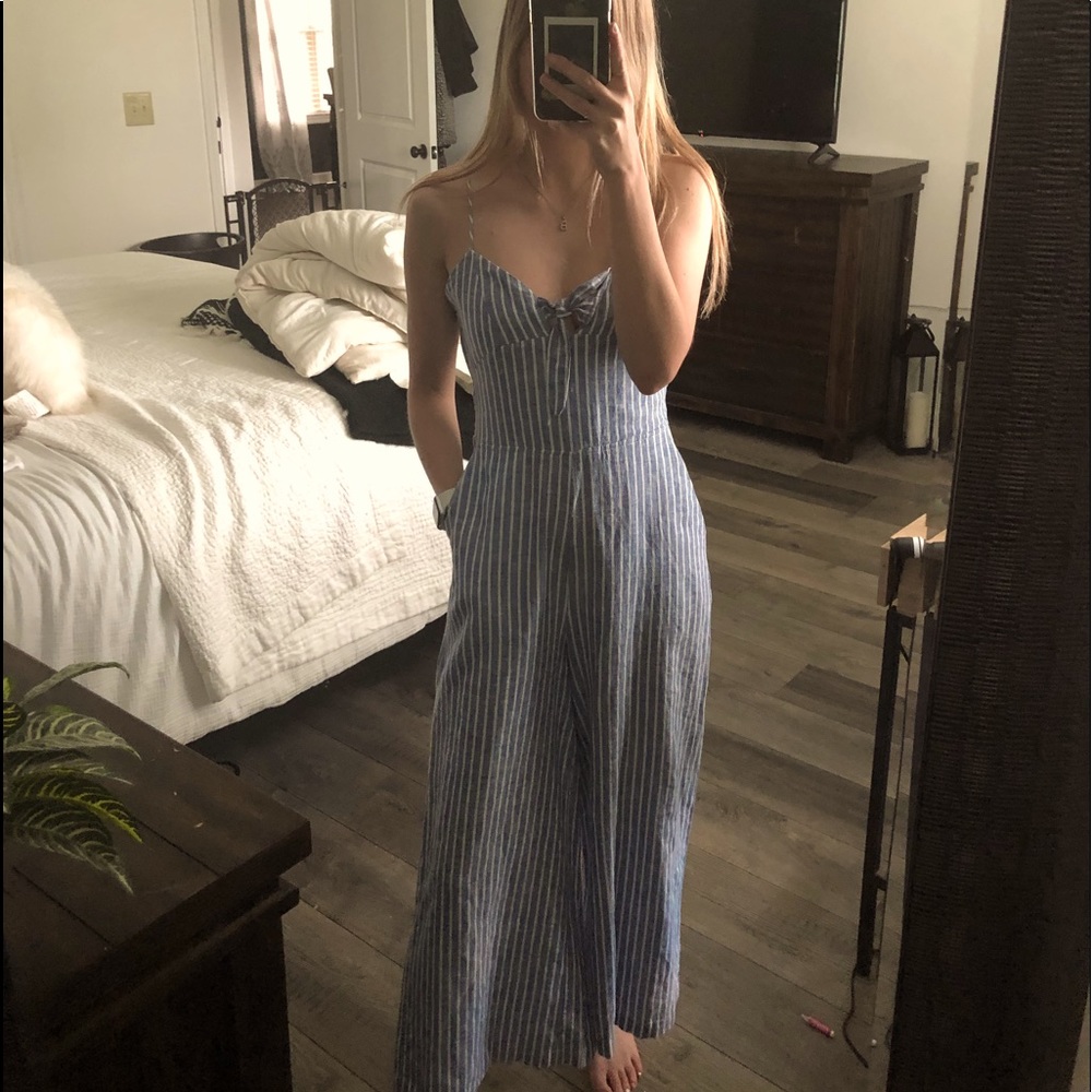 blue & white striped spaghetti strapped jumpsuit